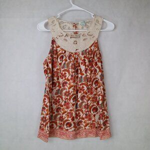 Sundance Women’s Lace Neck Orange Floral Sleeveless Top Size Medium